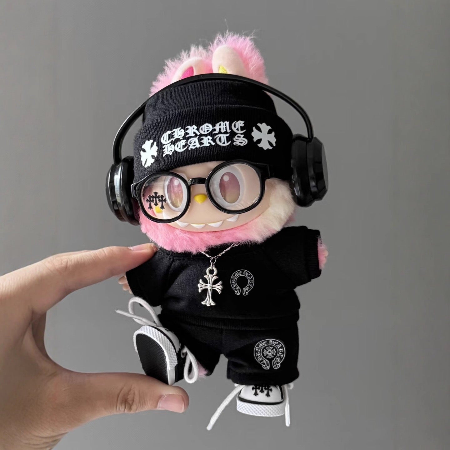 Labubu Chrome Hearts|Hoodie,pants,necklace,sneakers,glasses,headphone|Perfect Gift | | Emotional Support Plush Accessory