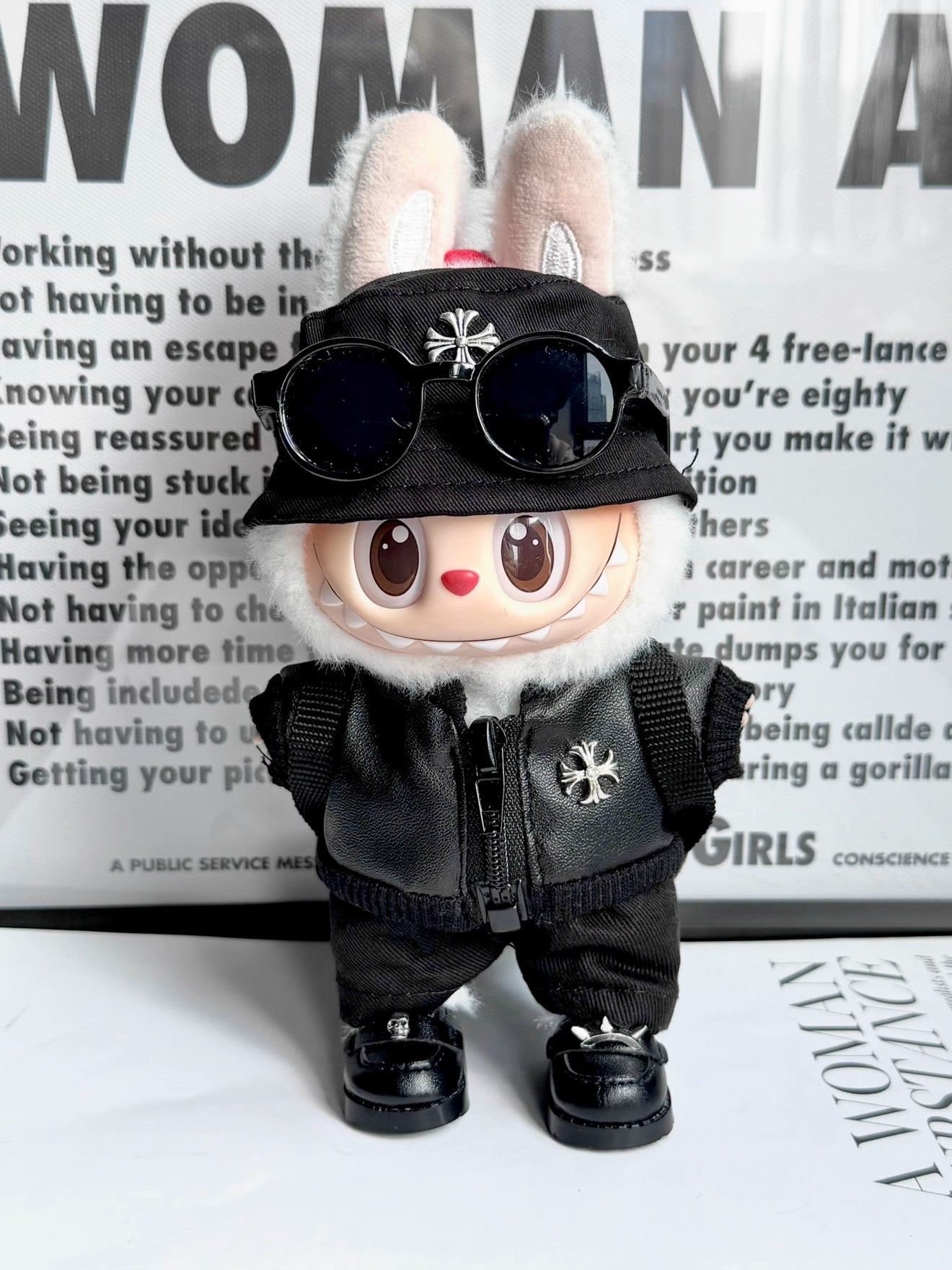 Labubu Chrome Hearts|Leather Jacket,pants,necklace,sneakers,glasses,bucket hat, backpack|Perfect Gift | | Emotional Support Plush Accessory