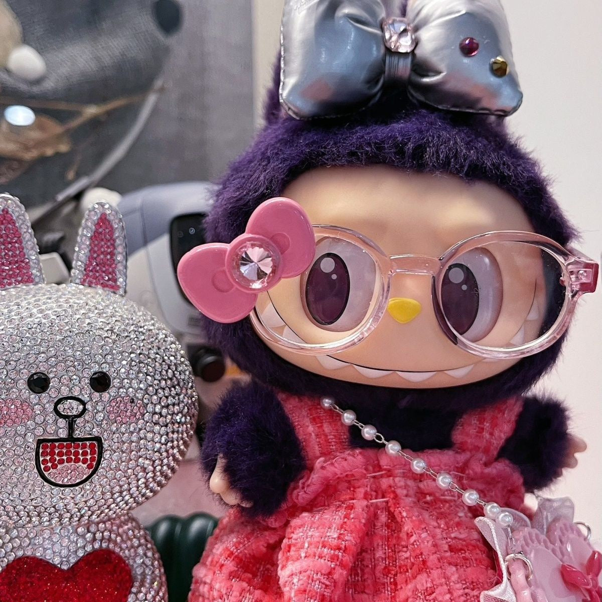 Labubu Cute Outfit | Labubu Kitty Glasses|Dress and Bow| Necklace and Purse| Perfect Birthday Gift | Kids & Teen Gift | Emotional Support Plush Accessory
