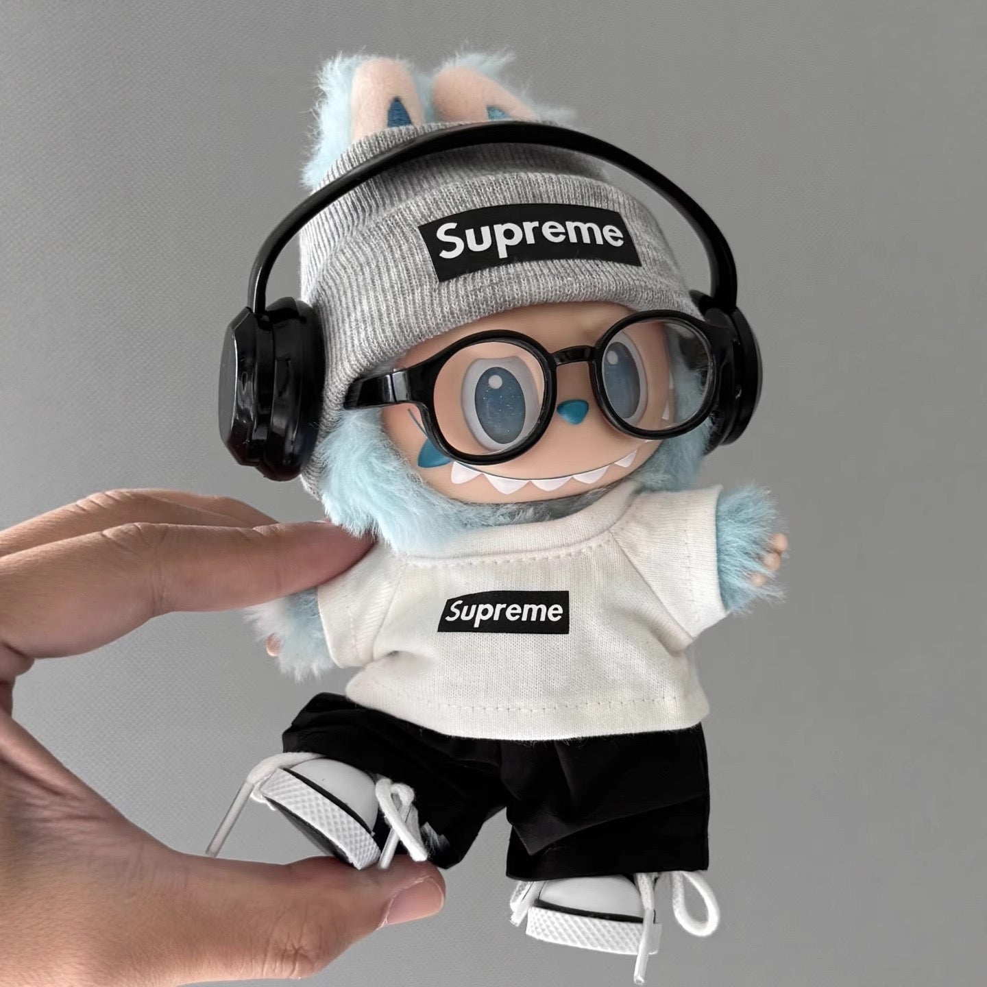 Labubu Supreme Outfit|Tshirt,beanie,pants,sneakers,glasses,headphone|Perfect Gift |Emotional Support Plush Accessory