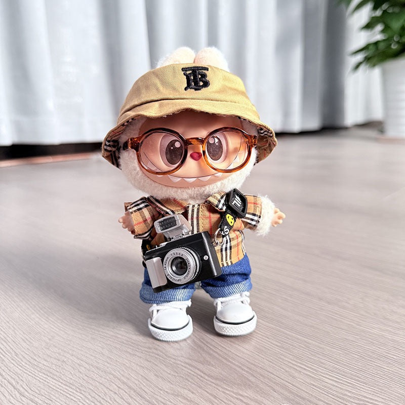 Labubu Burberry Outfit|Bucket Hat, Shirt,pants,sneakers,glasses,Dress,Camera, Shoes|Perfect Gift |Emotional Support Plush Accessory