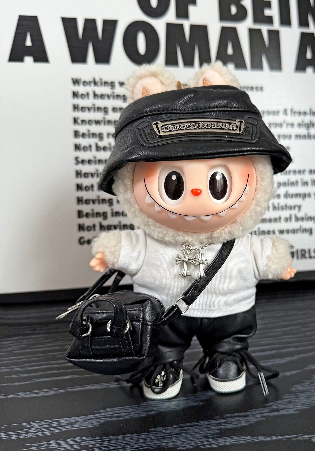 Labubu Chrome Hearts|Leather Jacket,pants,necklace,sneakers,glasses,bucket hat, backpack|Perfect Gift | | Emotional Support Plush Accessory