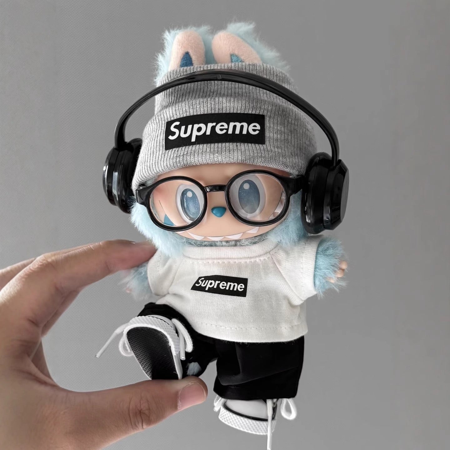 Labubu Supreme Outfit|Tshirt,beanie,pants,sneakers,glasses,headphone|Perfect Gift |Emotional Support Plush Accessory
