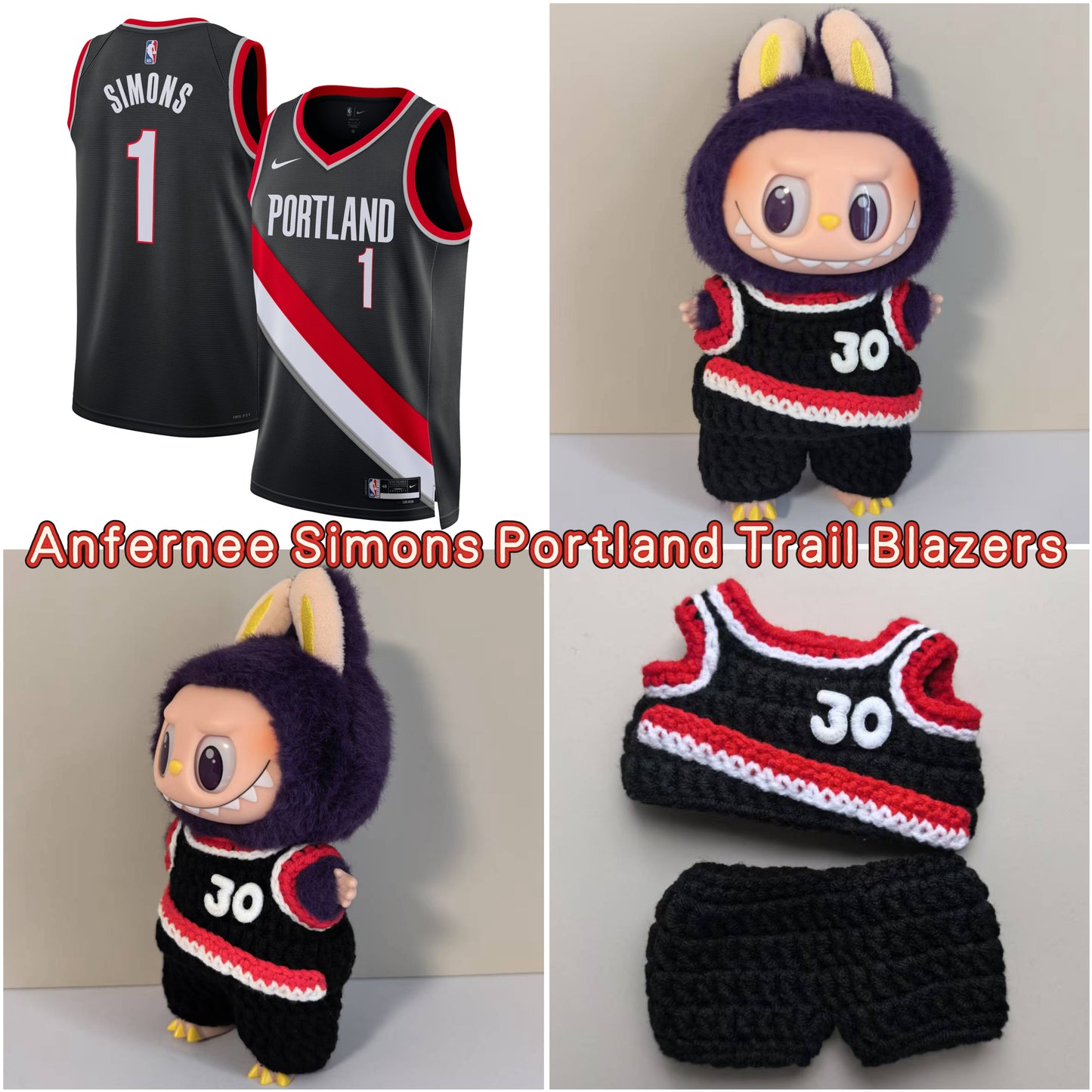Portland Trail Blazers Labubu Jersey|handmade crochet Outfit |Labubu Basketball| Perfect Gift | Emotional Support