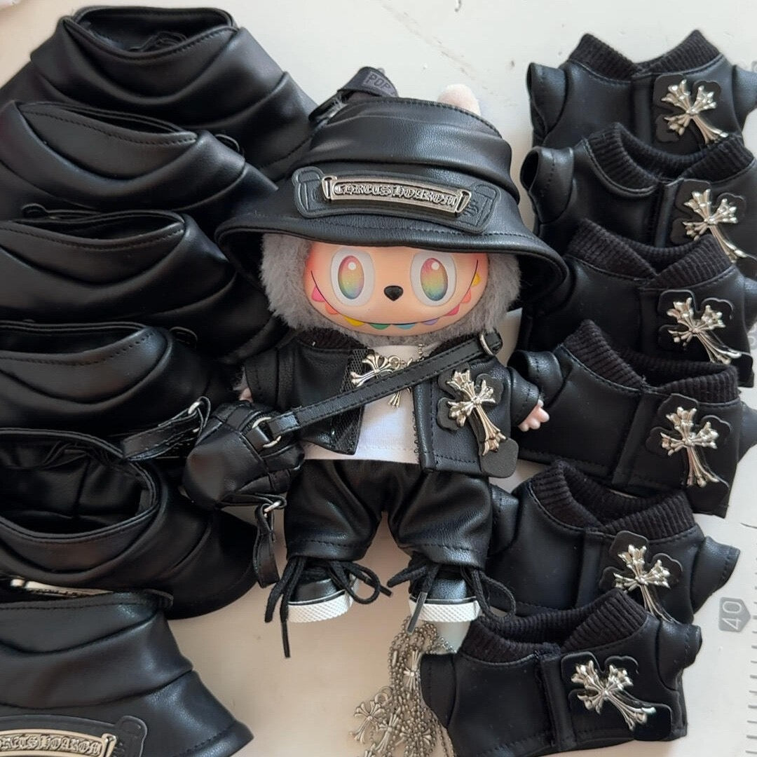 Labubu Chrome Hearts|Leather Jacket,pants,necklace,sneakers,glasses,bucket hat, backpack|Perfect Gift | | Emotional Support Plush Accessory