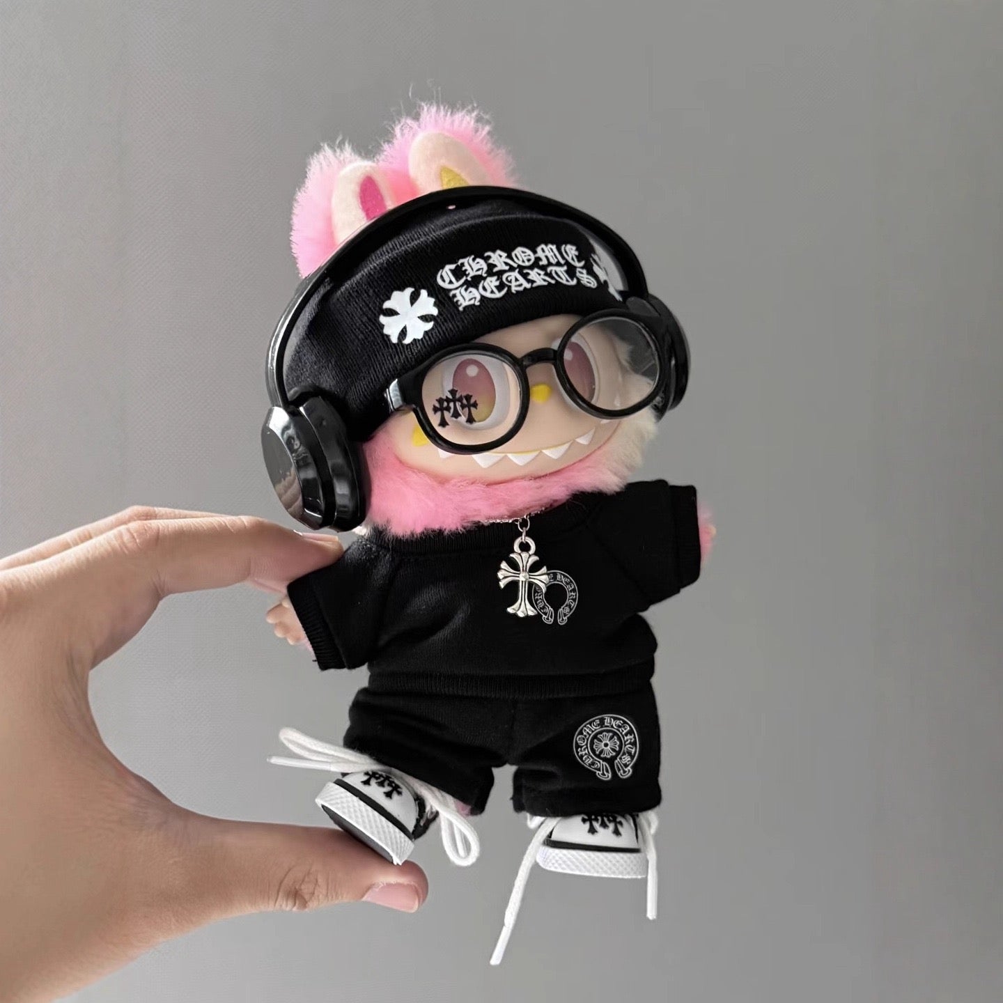 Labubu Chrome Hearts|Hoodie,pants,necklace,sneakers,glasses,headphone|Perfect Gift | | Emotional Support Plush Accessory