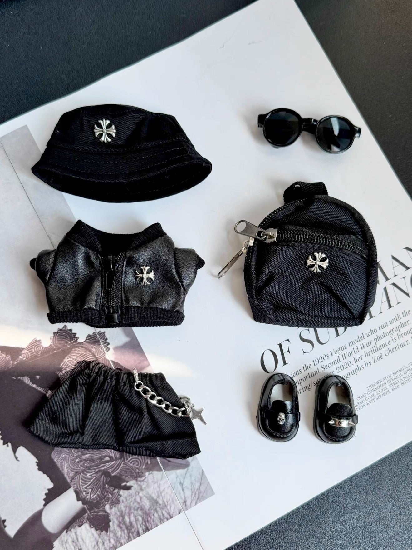 Labubu Chrome Hearts|Bucket Hat, Leather Jacket,pants,shoes,sunglasses,|Perfect Gift | | Emotional Support Plush Accessory