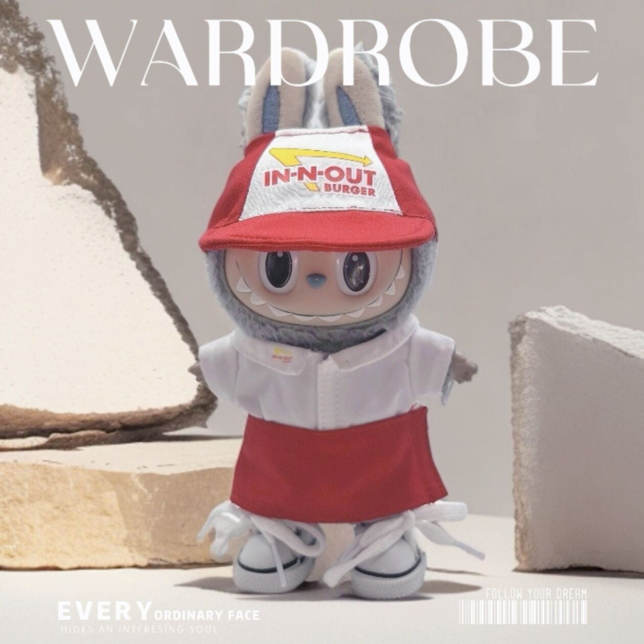 Labubu In and Out Burger Staff Outfit | Labubu(17cm) and Mini Labubu(10cm Love for Pin| Perfect Gift | Apron & Hat, Shirt, Sneakers, Pants