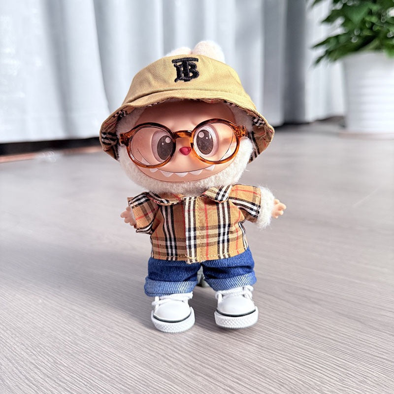 Labubu Burberry Outfit|Bucket Hat, Shirt,pants,sneakers,glasses,Dress,Camera, Shoes|Perfect Gift |Emotional Support Plush Accessory