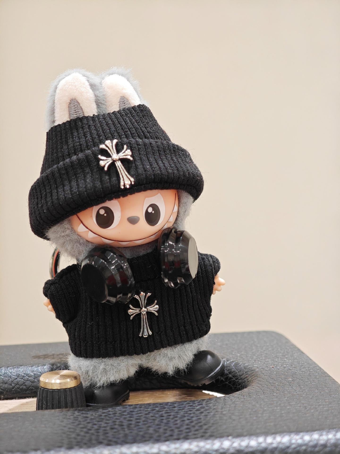 Mini Labubu Chrome Hearts Outfit|Beanie,Sweater,headphone,sneakers|Perfect Gift | Emotional Support Plush Accessory