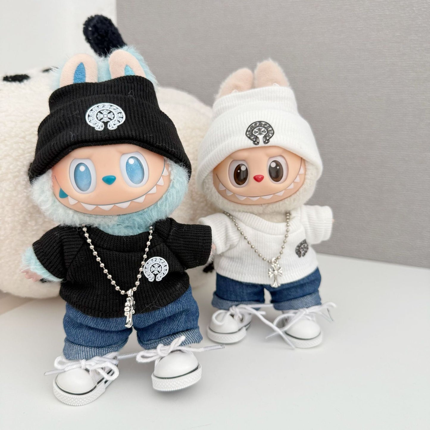 Labubu Chrome Hearts Outfit|Beanie,Sweater,pants,necklace,sneakers|Perfect Gift | Emotional Support Plush Accessory