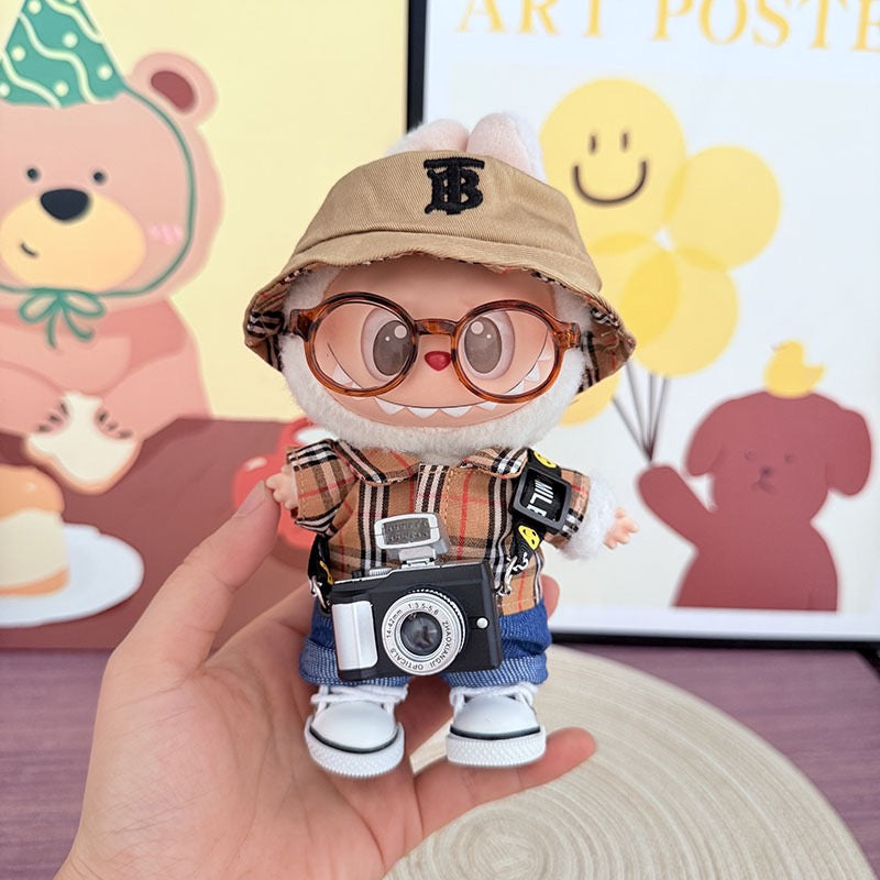 Labubu Burberry Outfit|Bucket Hat, Shirt,pants,sneakers,glasses,Dress,Camera, Shoes|Perfect Gift |Emotional Support Plush Accessory