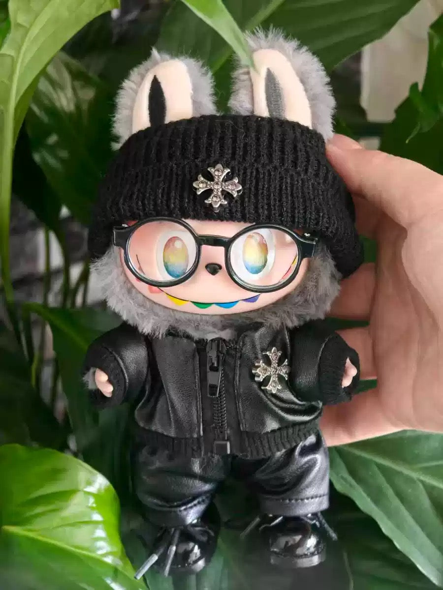 Labubu Chrome Hearts|Leather Jacket,pants,necklace,sneakers,glasses,bucket hat, backpack|Perfect Gift | | Emotional Support Plush Accessory