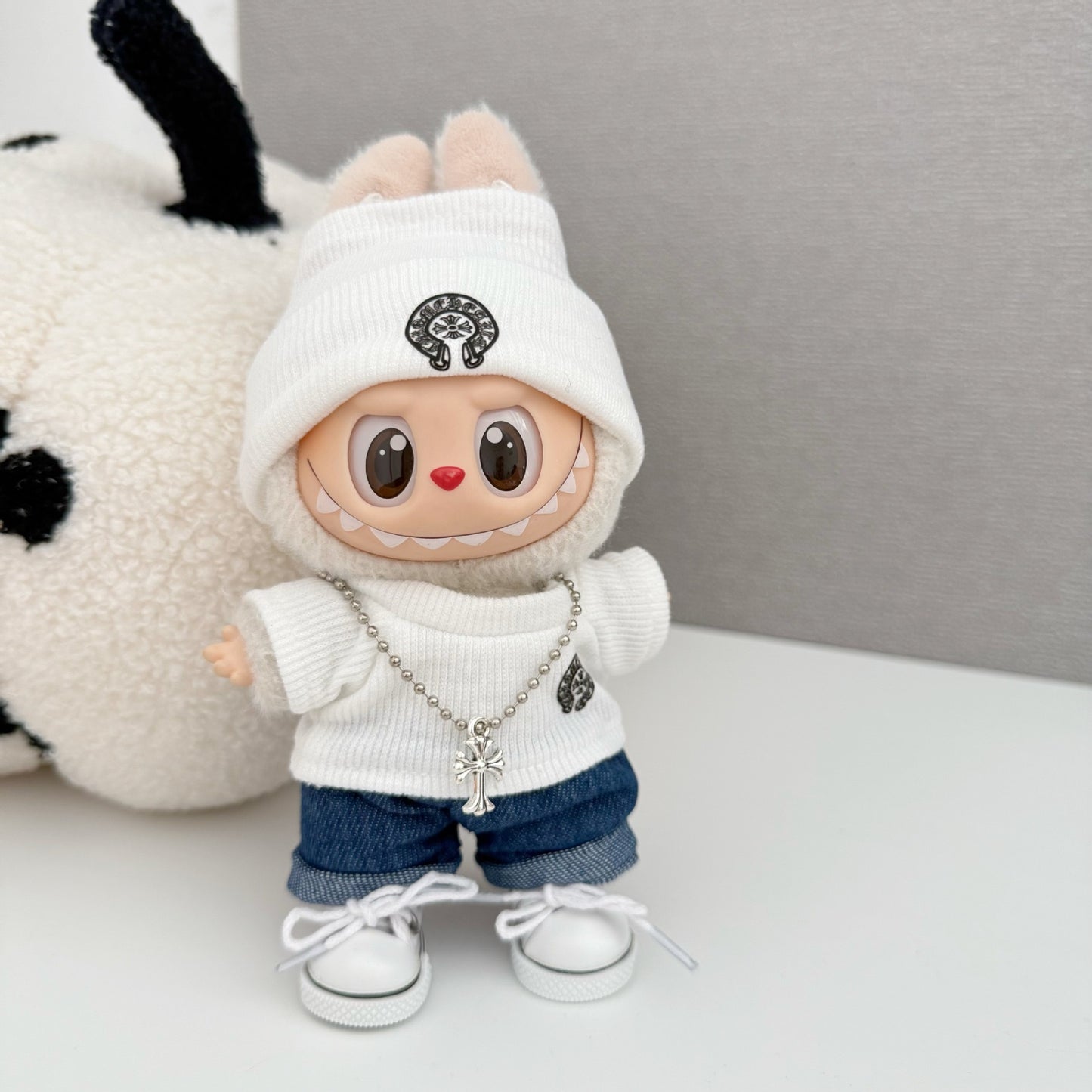 Labubu Chrome Hearts Outfit|Beanie,Sweater,pants,necklace,sneakers|Perfect Gift | Emotional Support Plush Accessory
