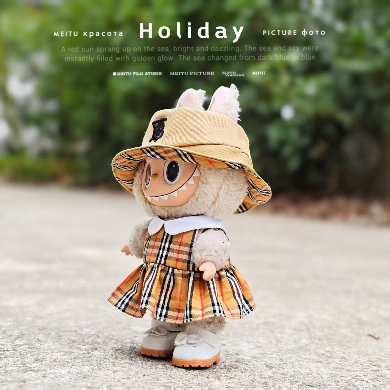 Labubu Burberry Outfit|Bucket Hat, Shirt,pants,sneakers,glasses,Dress,Camera, Shoes|Perfect Gift |Emotional Support Plush Accessory