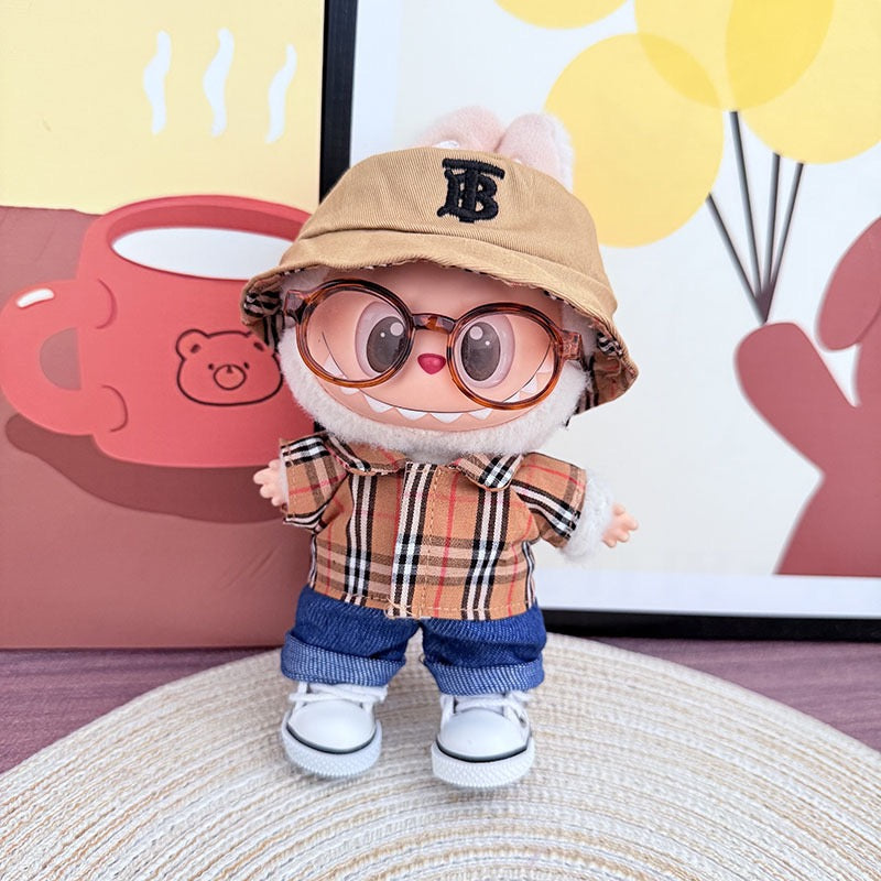 Labubu Burberry Outfit|Bucket Hat, Shirt,pants,sneakers,glasses,Dress,Camera, Shoes|Perfect Gift |Emotional Support Plush Accessory