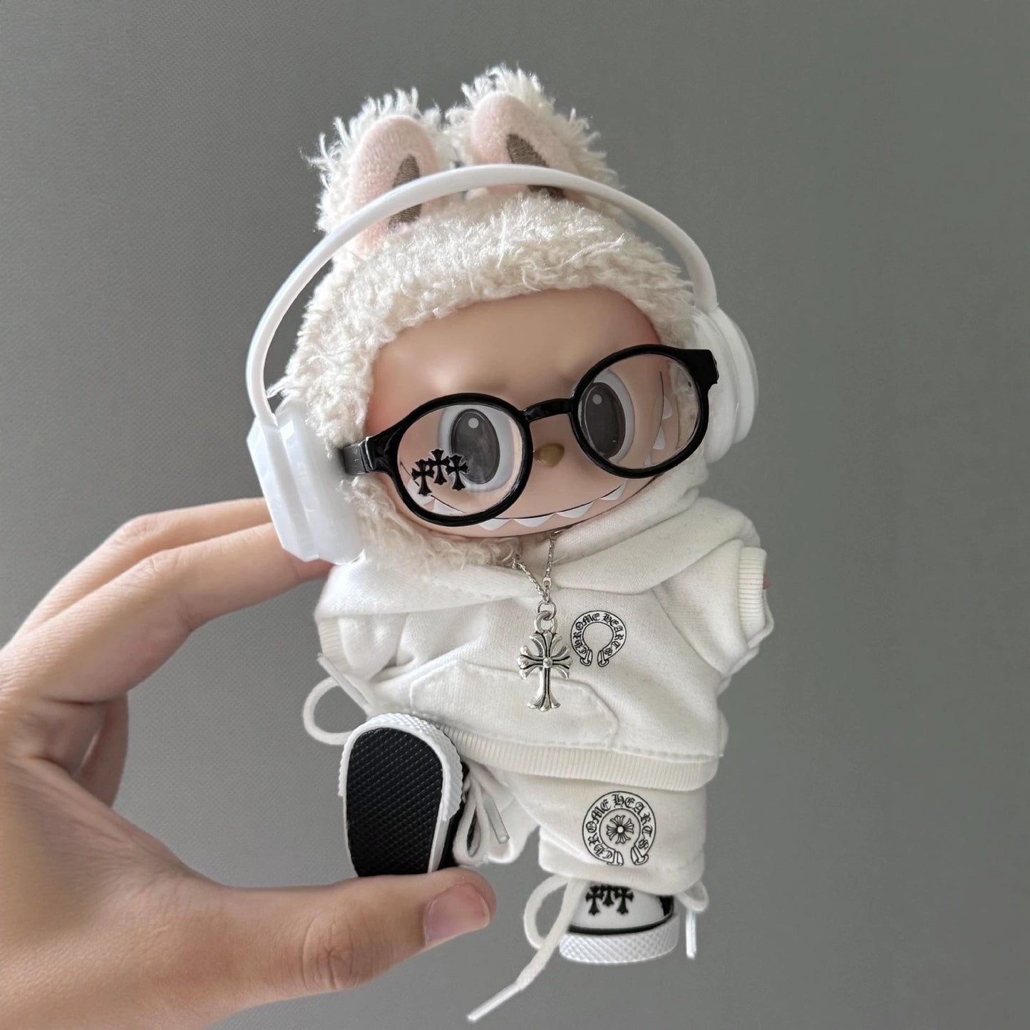 Labubu Chrome Hearts White Outfit | Hoodie,pants,necklace,sneakers,glasses,headphone|Perfect Gift | | Emotional Support Plush Accessory