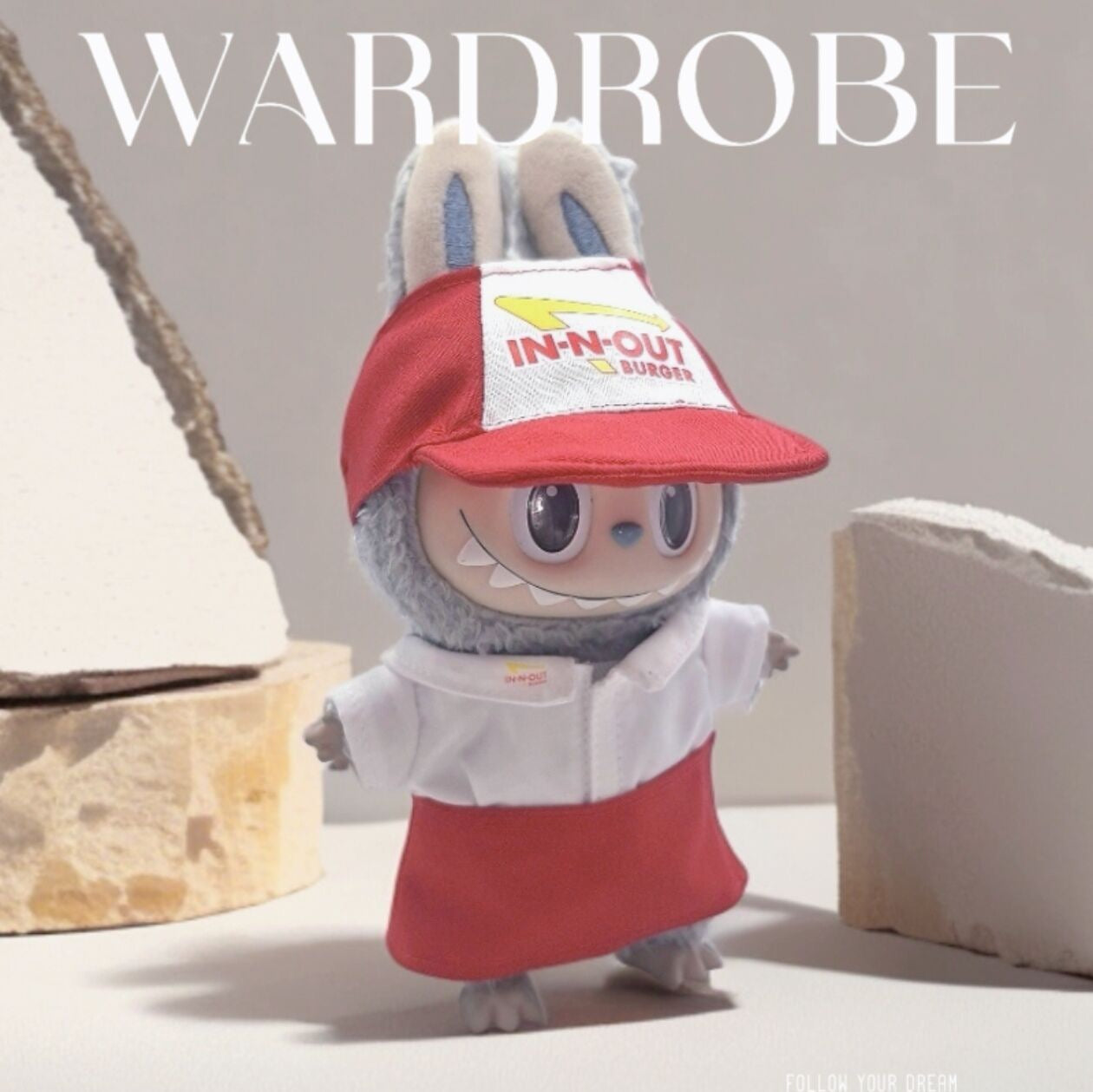 Labubu In and Out Burger Staff Outfit | Labubu(17cm) and Mini Labubu(10cm Love for Pin| Perfect Gift | Apron & Hat, Shirt, Sneakers, Pants