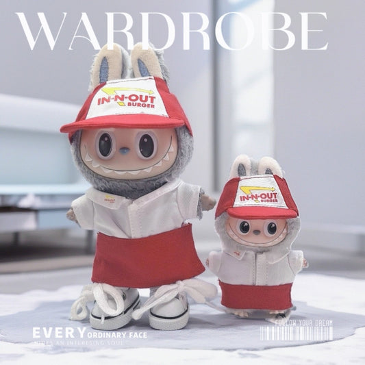 Labubu In and Out Burger Staff Outfit | Labubu(17cm) and Mini Labubu(10cm Love for Pin| Perfect Gift | Apron & Hat, Shirt, Sneakers, Pants