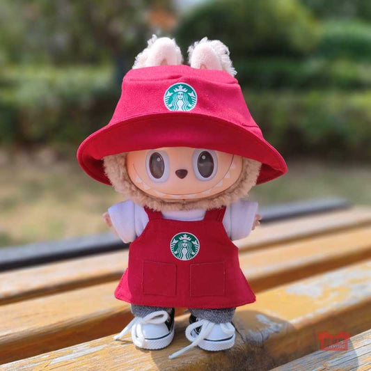 Labubu Barista Outfit Red and Pink| Starbucks Inspired | Bucket Hat, Apron, T-shirt,pants, Coffee | Perfect Gift| Kids and Teenager Gift