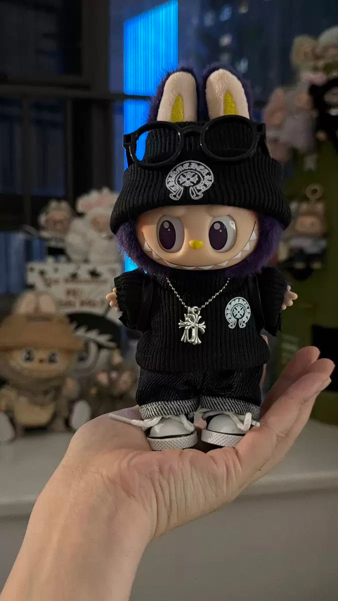 Labubu Chrome Hearts Outfit|Beanie,Sweater,pants,necklace,sneakers|Perfect Gift | Emotional Support Plush Accessory