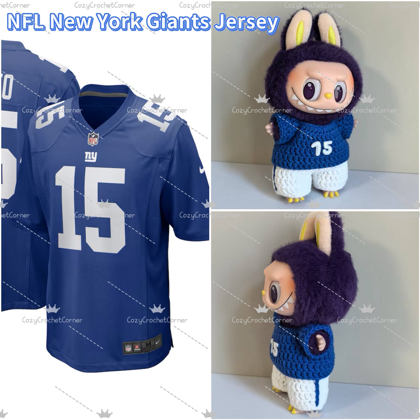 Mew York Giants Labubu Jersey | Handmade Crochet Outfit | Labubu Football | Perfect Gift | Emotional Support Plush Accessory