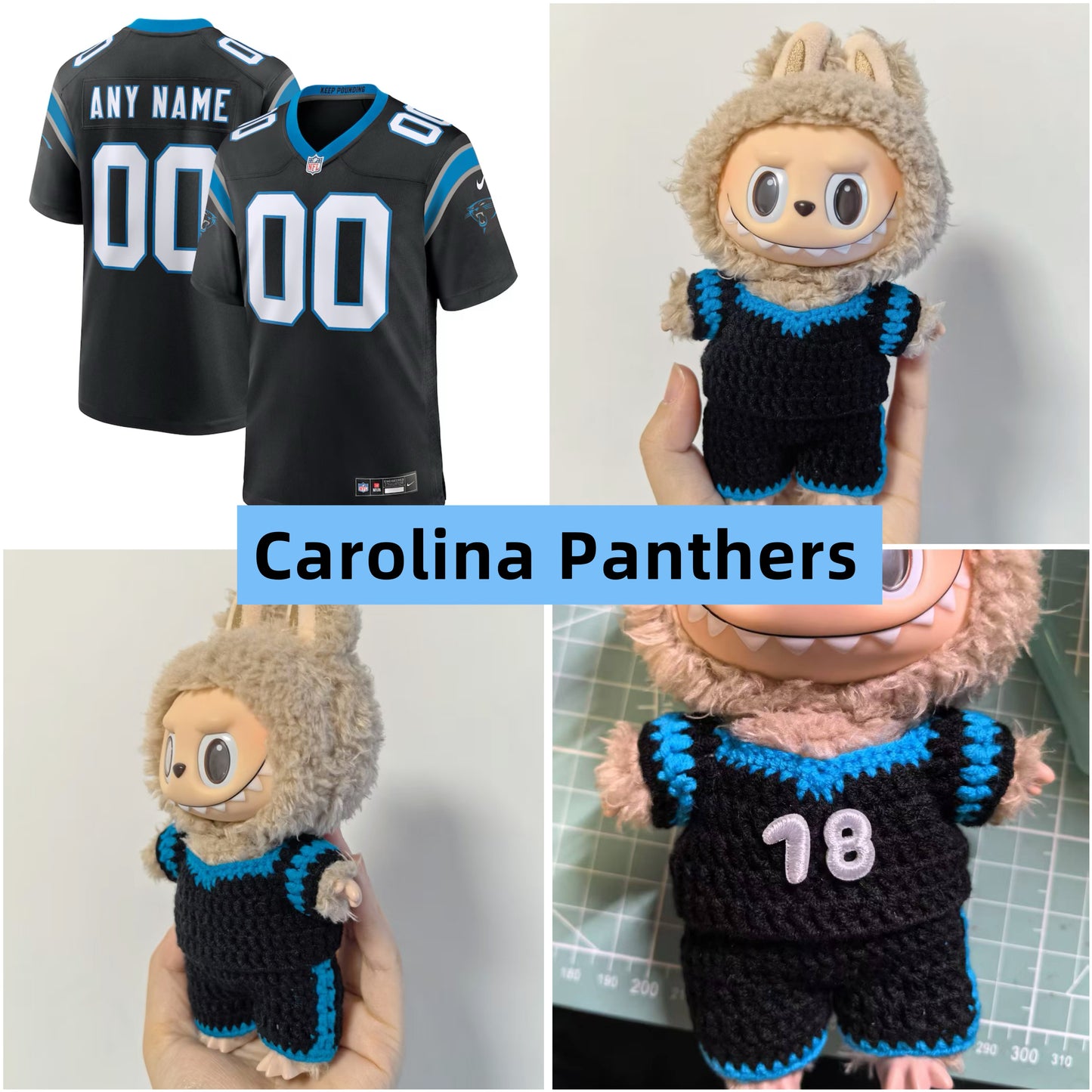 Carolina Panthers Labubu Jersey | Handmade Crochet| Labubu NFL Football Jersey | Perfect Gift | Emotional Support Plush Accessory