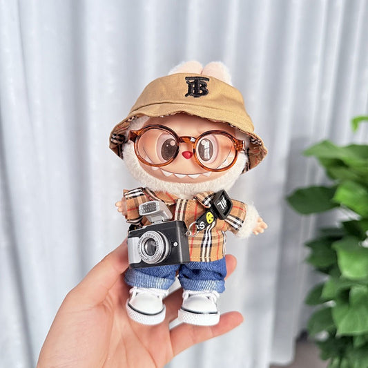 Labubu Burberry Outfit|Bucket Hat, Shirt,pants,sneakers,glasses,Dress,Camera, Shoes|Perfect Gift |Emotional Support Plush Accessory