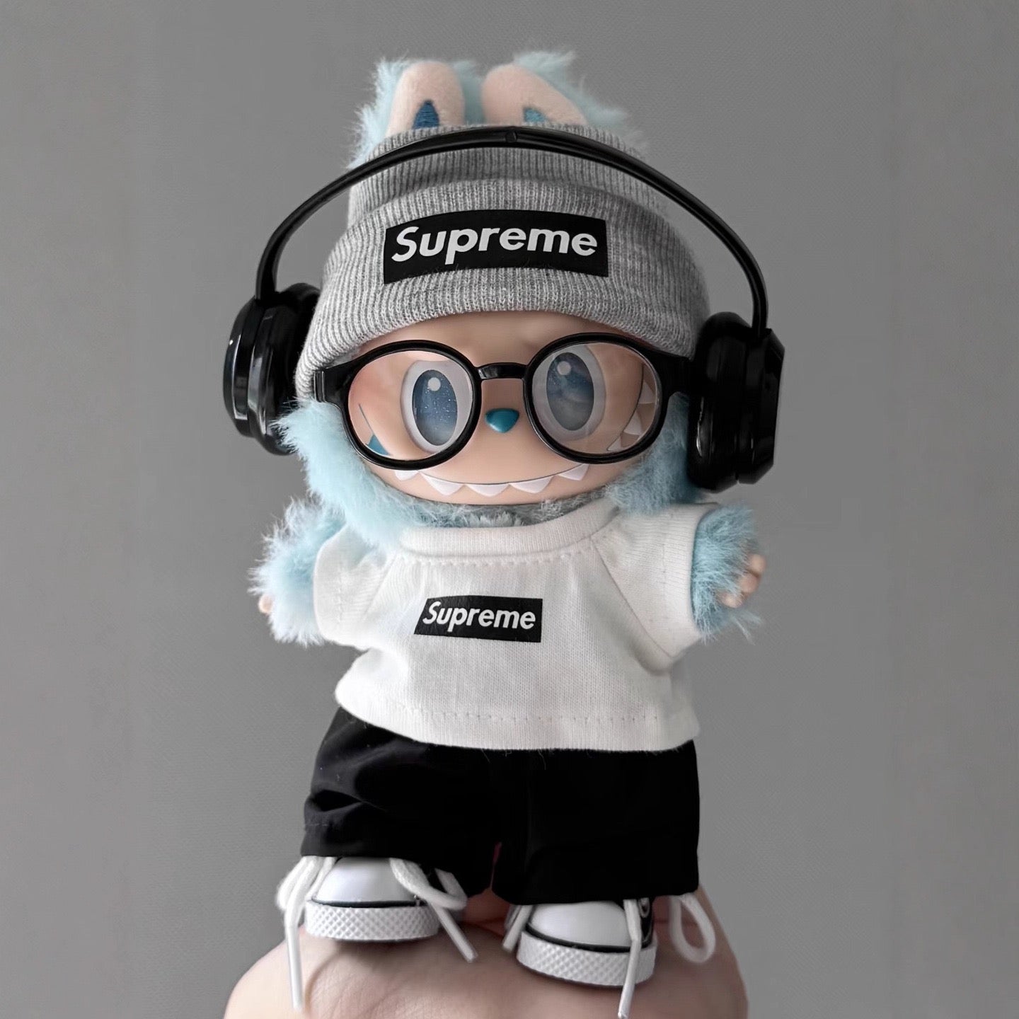 Labubu Supreme Outfit|Tshirt,beanie,pants,sneakers,glasses,headphone|Perfect Gift |Emotional Support Plush Accessory