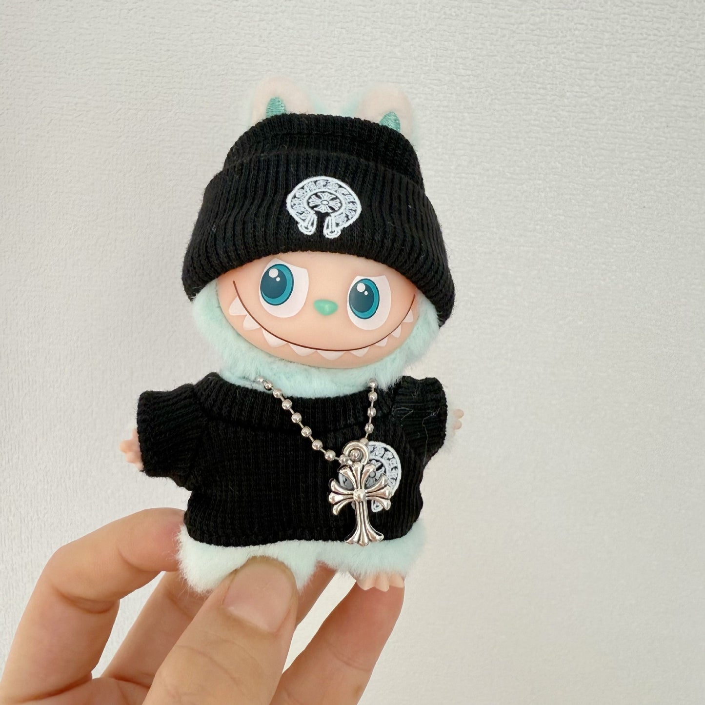 Mini Labubu Chrome Hearts Outfit|Beanie,Sweater,pants,necklace,sneakers|Perfect Gift | Emotional Support Plush Accessory