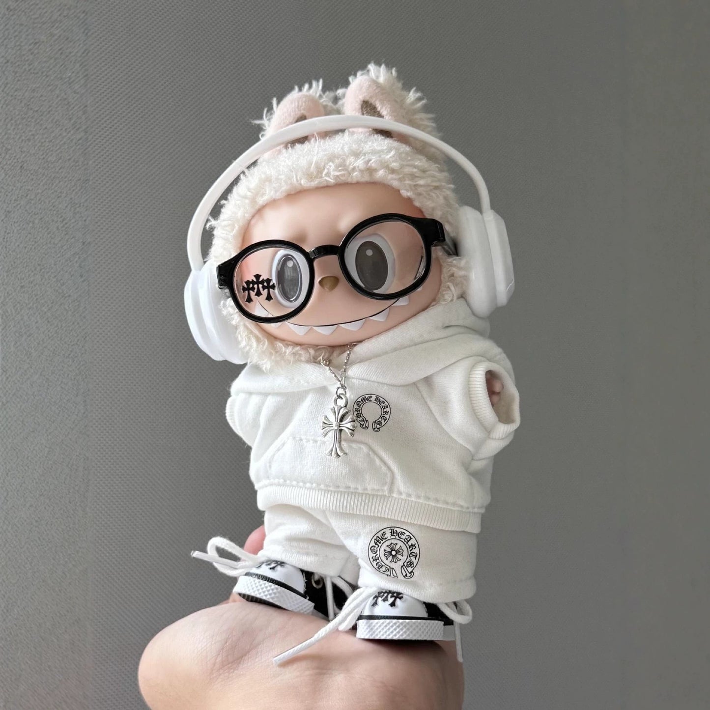 Labubu Chrome Hearts White Outfit | Hoodie,pants,necklace,sneakers,glasses,headphone|Perfect Gift | | Emotional Support Plush Accessory