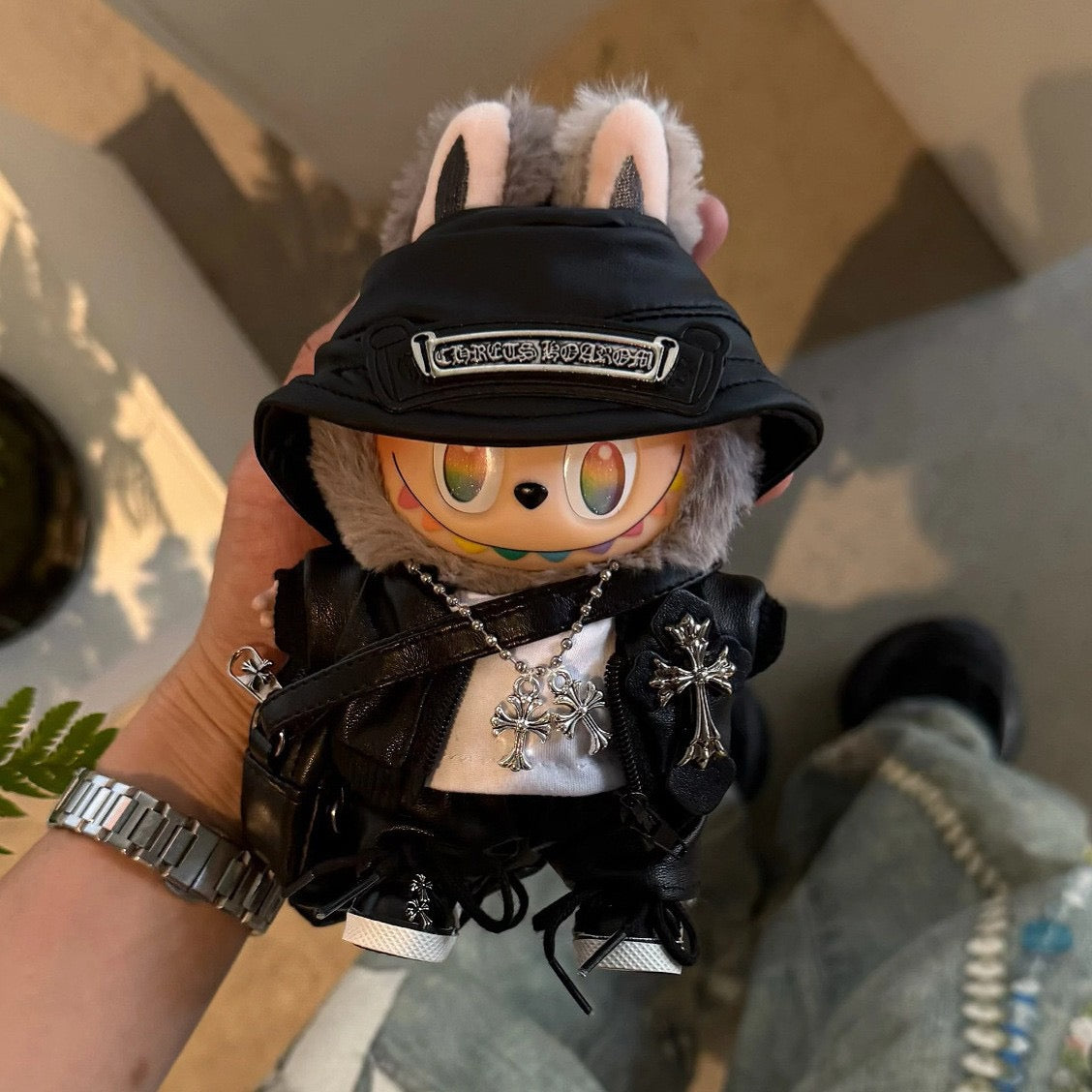 Labubu Chrome Hearts|Leather Jacket,pants,necklace,sneakers,glasses,bucket hat, backpack|Perfect Gift | | Emotional Support Plush Accessory