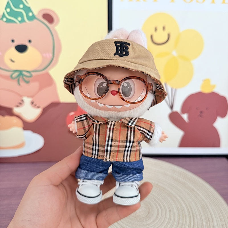 Labubu Burberry Outfit|Bucket Hat, Shirt,pants,sneakers,glasses,Dress,Camera, Shoes|Perfect Gift |Emotional Support Plush Accessory