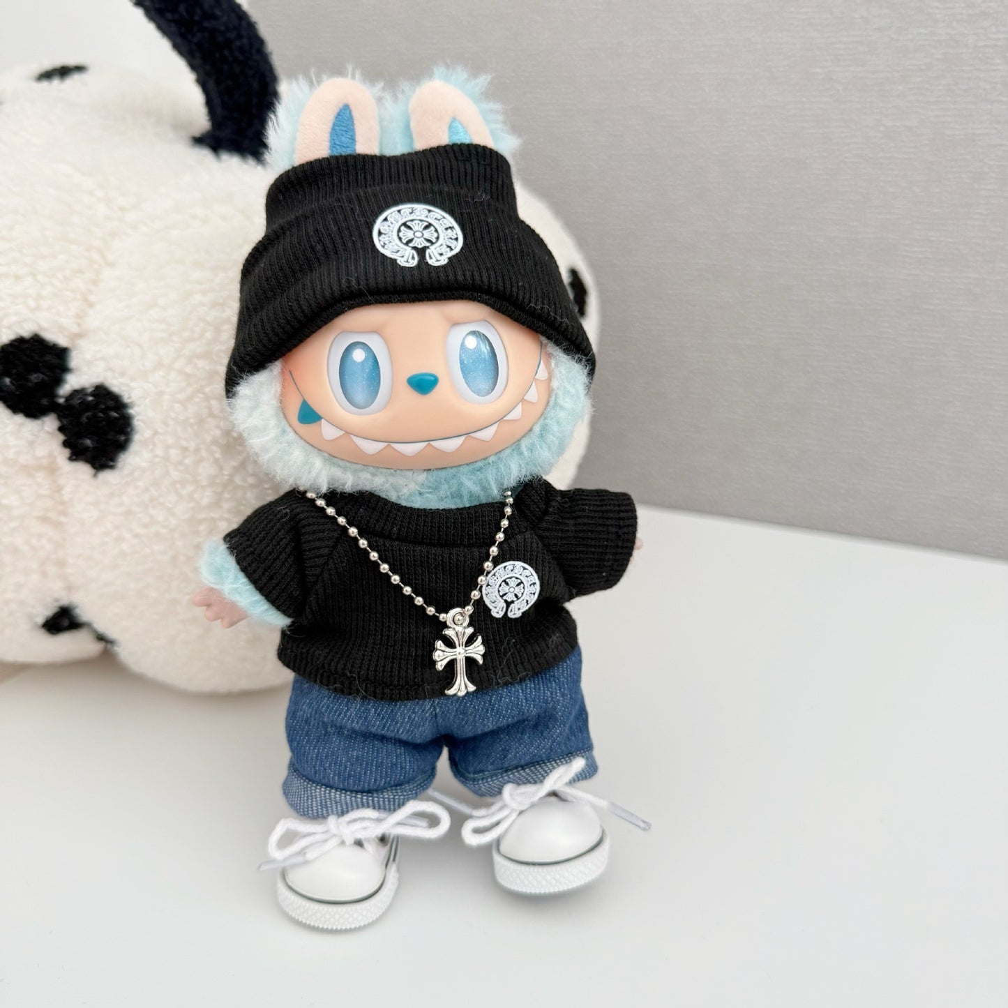 Labubu Chrome Hearts Outfit|Beanie,Sweater,pants,necklace,sneakers|Perfect Gift | Emotional Support Plush Accessory