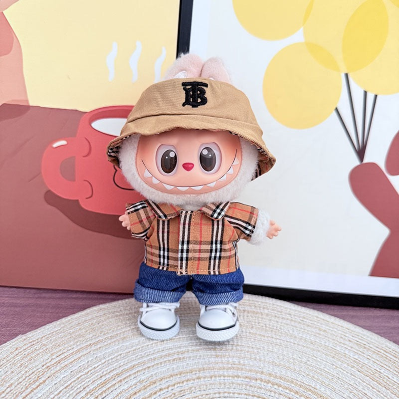 Labubu Burberry Outfit|Bucket Hat, Shirt,pants,sneakers,glasses,Dress,Camera, Shoes|Perfect Gift |Emotional Support Plush Accessory