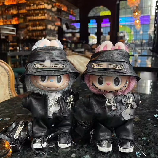 Labubu Chrome Hearts|Leather Jacket,pants,necklace,sneakers,glasses,bucket hat, backpack|Perfect Gift | | Emotional Support Plush Accessory