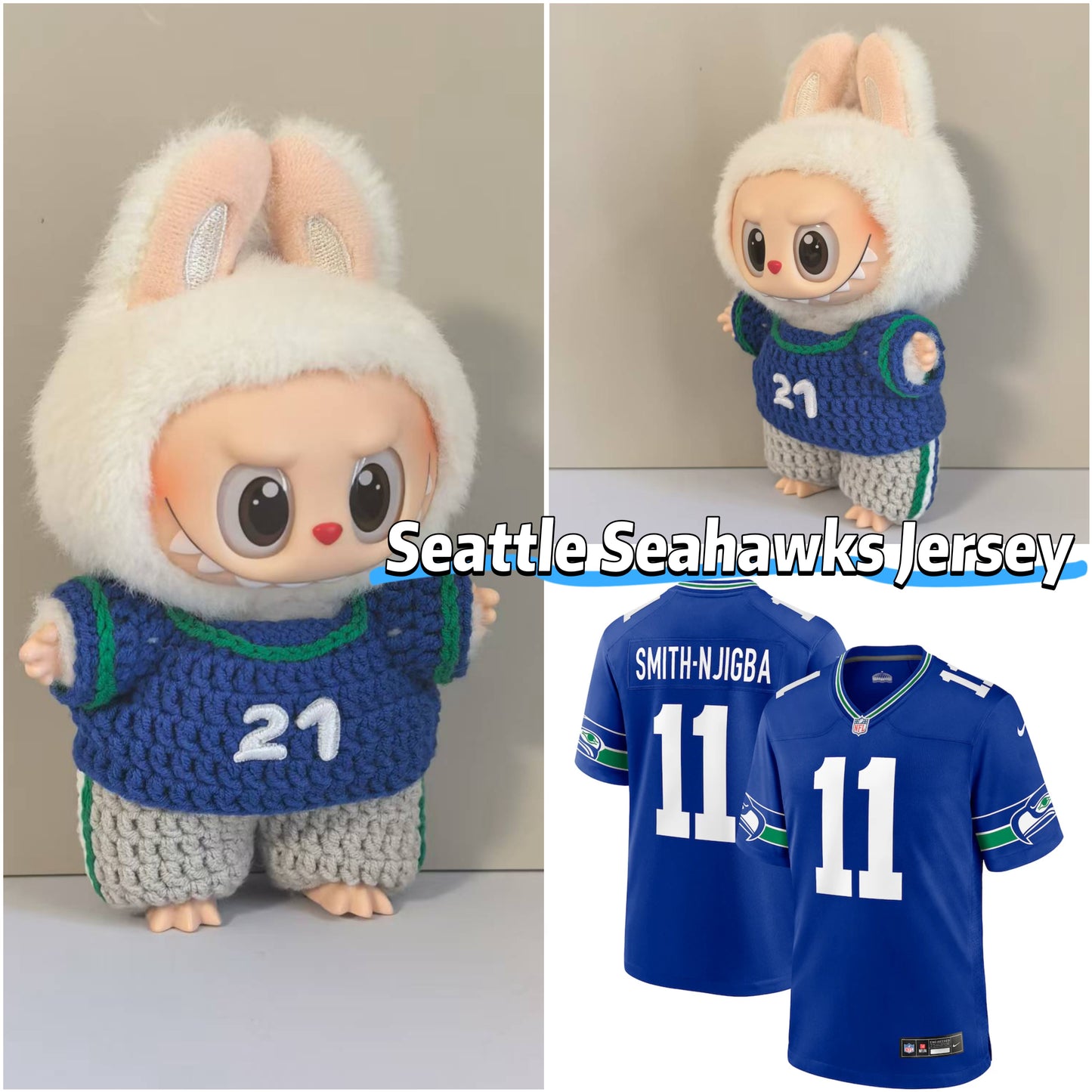 Seattle Seahawk Labubu Jersey | Handmade Crochet Outfit | Labubu Football | Perfect Gift | Emotional Support Plush Accessory