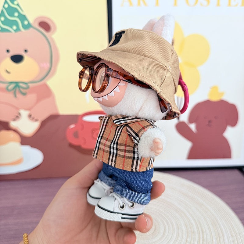 Labubu Burberry Outfit|Bucket Hat, Shirt,pants,sneakers,glasses,Dress,Camera, Shoes|Perfect Gift |Emotional Support Plush Accessory