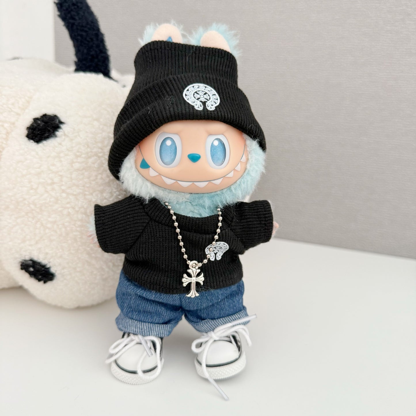 Labubu Chrome Hearts Outfit|Beanie,Sweater,pants,necklace,sneakers|Perfect Gift | Emotional Support Plush Accessory