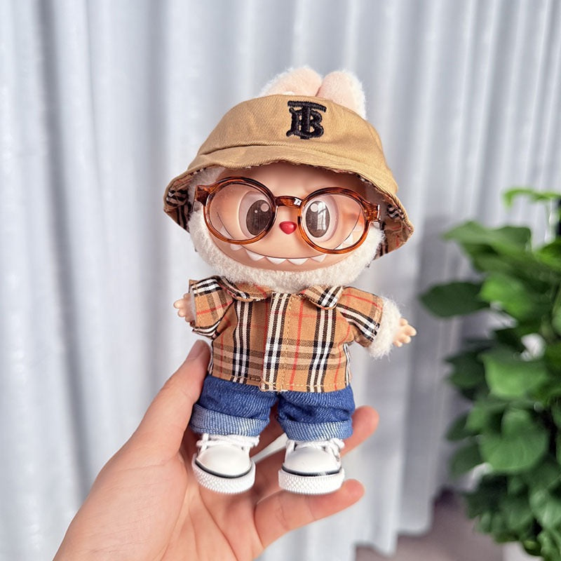 Labubu Burberry Outfit|Bucket Hat, Shirt,pants,sneakers,glasses,Dress,Camera, Shoes|Perfect Gift |Emotional Support Plush Accessory