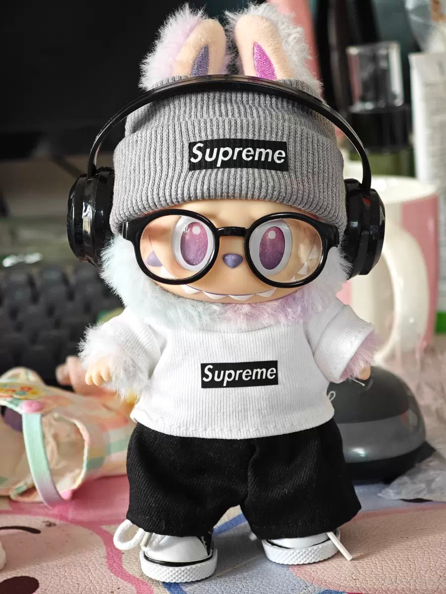 Labubu Supreme Outfit|Tshirt,beanie,pants,sneakers,glasses,headphone|Perfect Gift |Emotional Support Plush Accessory