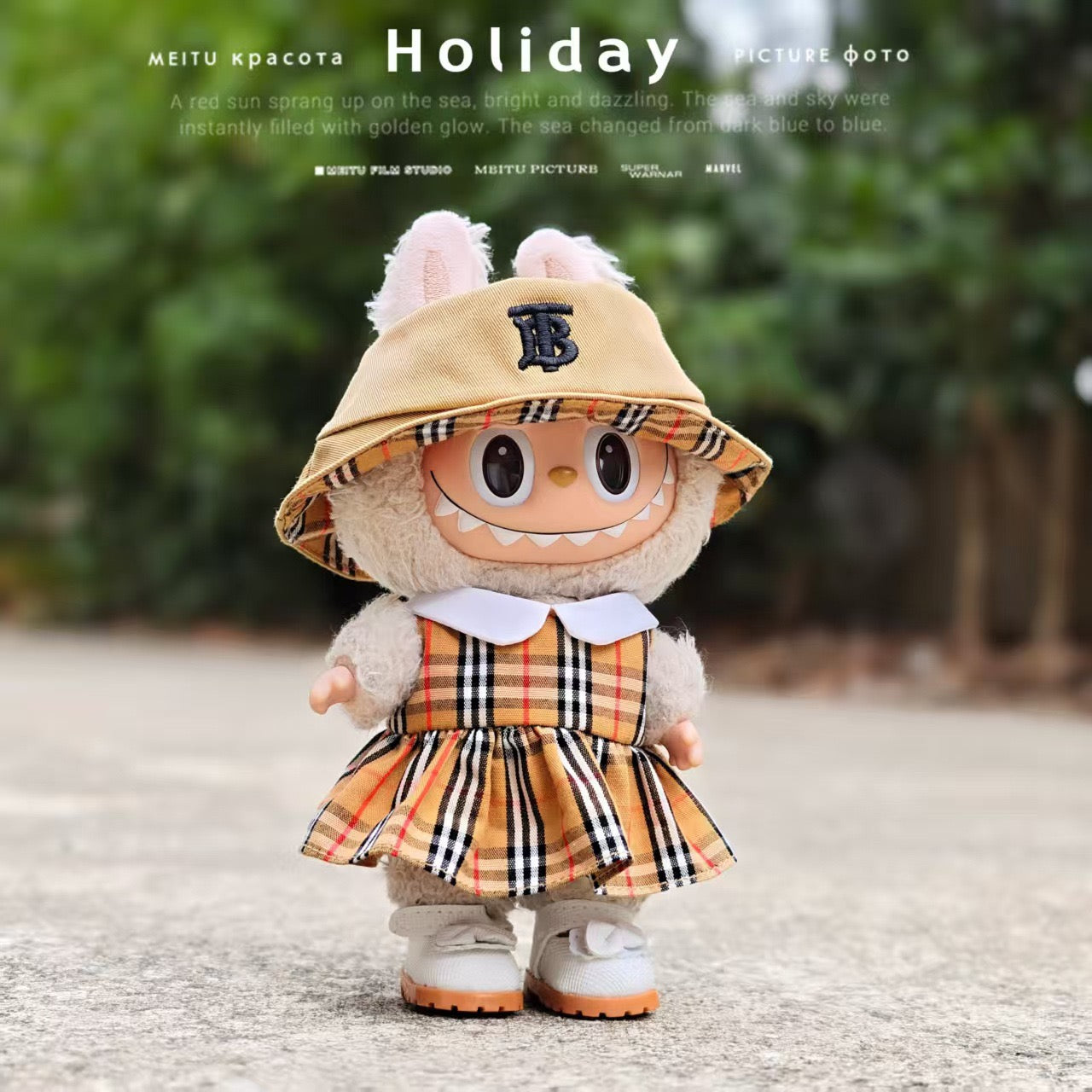 Labubu Burberry Outfit|Bucket Hat, Shirt,pants,sneakers,glasses,Dress,Camera, Shoes|Perfect Gift |Emotional Support Plush Accessory