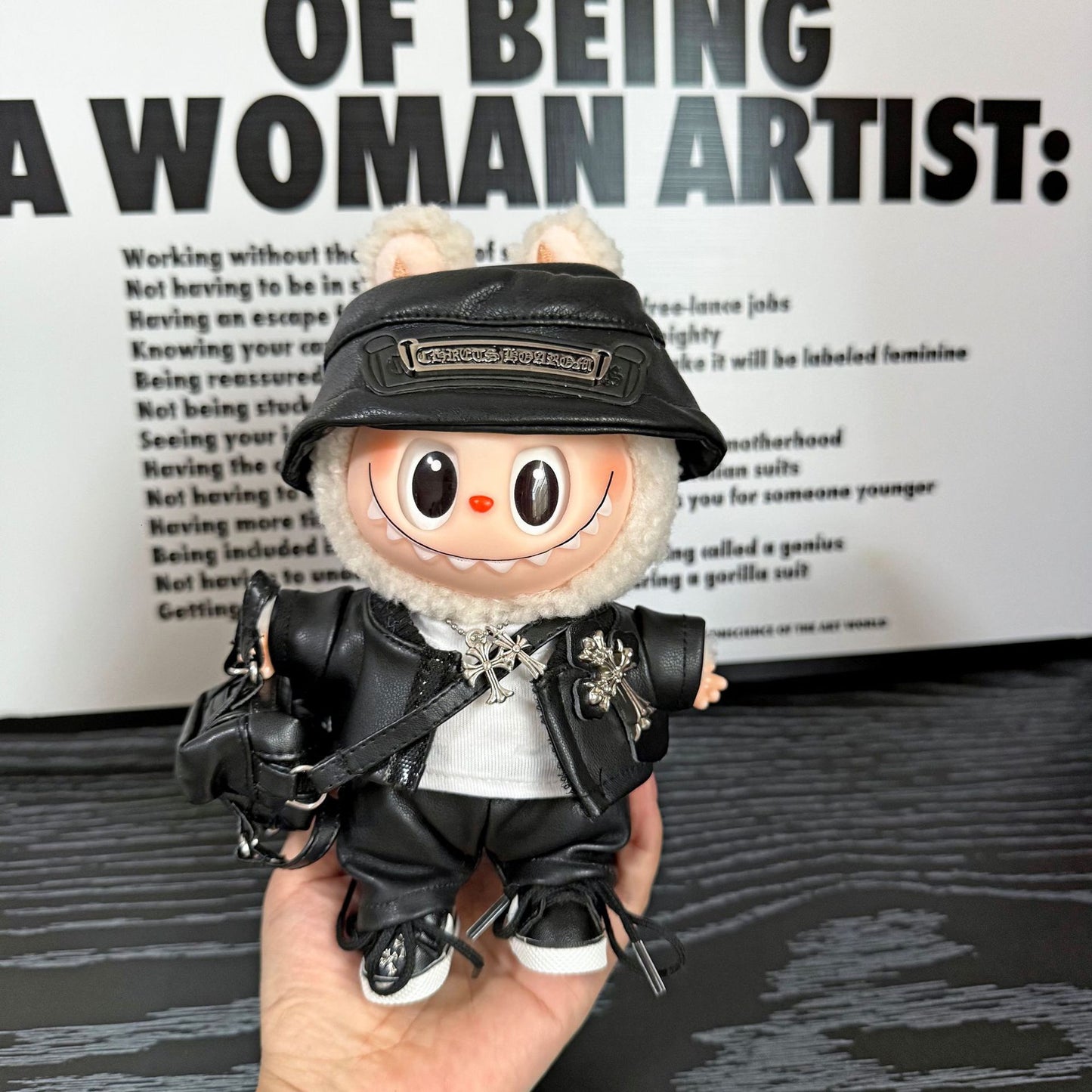 Labubu Chrome Hearts|Leather Jacket,pants,necklace,sneakers,glasses,bucket hat, backpack|Perfect Gift | | Emotional Support Plush Accessory