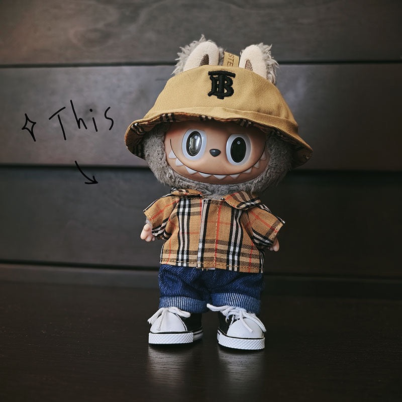 Labubu Burberry Outfit|Bucket Hat, Shirt,pants,sneakers,glasses,Dress,Camera, Shoes|Perfect Gift |Emotional Support Plush Accessory