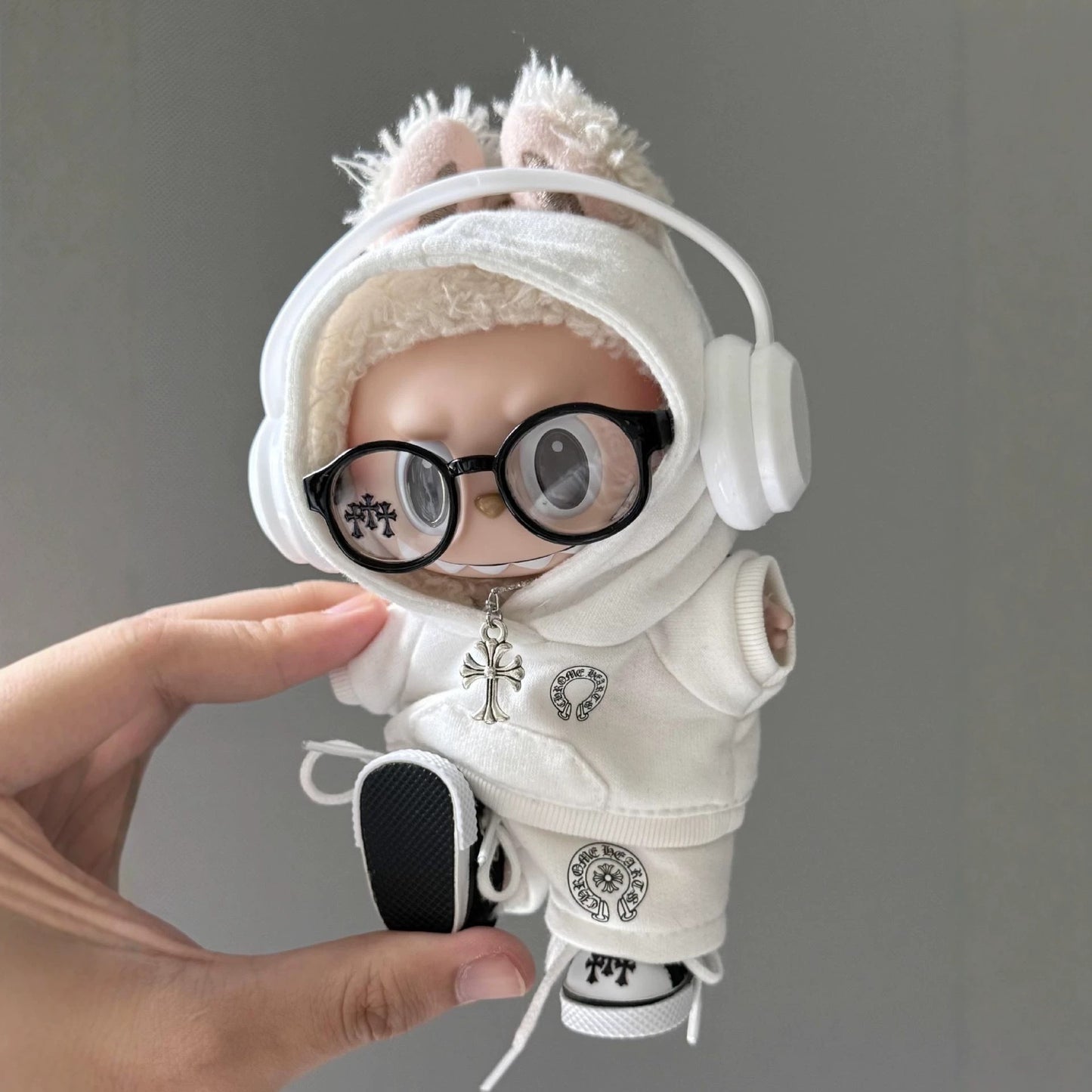 Labubu Chrome Hearts White Outfit | Hoodie,pants,necklace,sneakers,glasses,headphone|Perfect Gift | | Emotional Support Plush Accessory