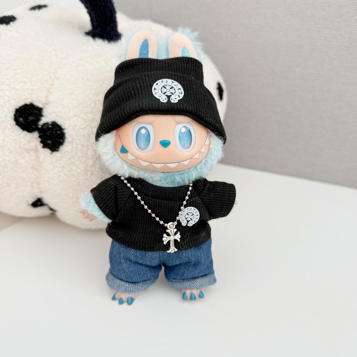 Labubu Chrome Hearts Outfit|Beanie,Sweater,pants,necklace,sneakers|Perfect Gift | Emotional Support Plush Accessory